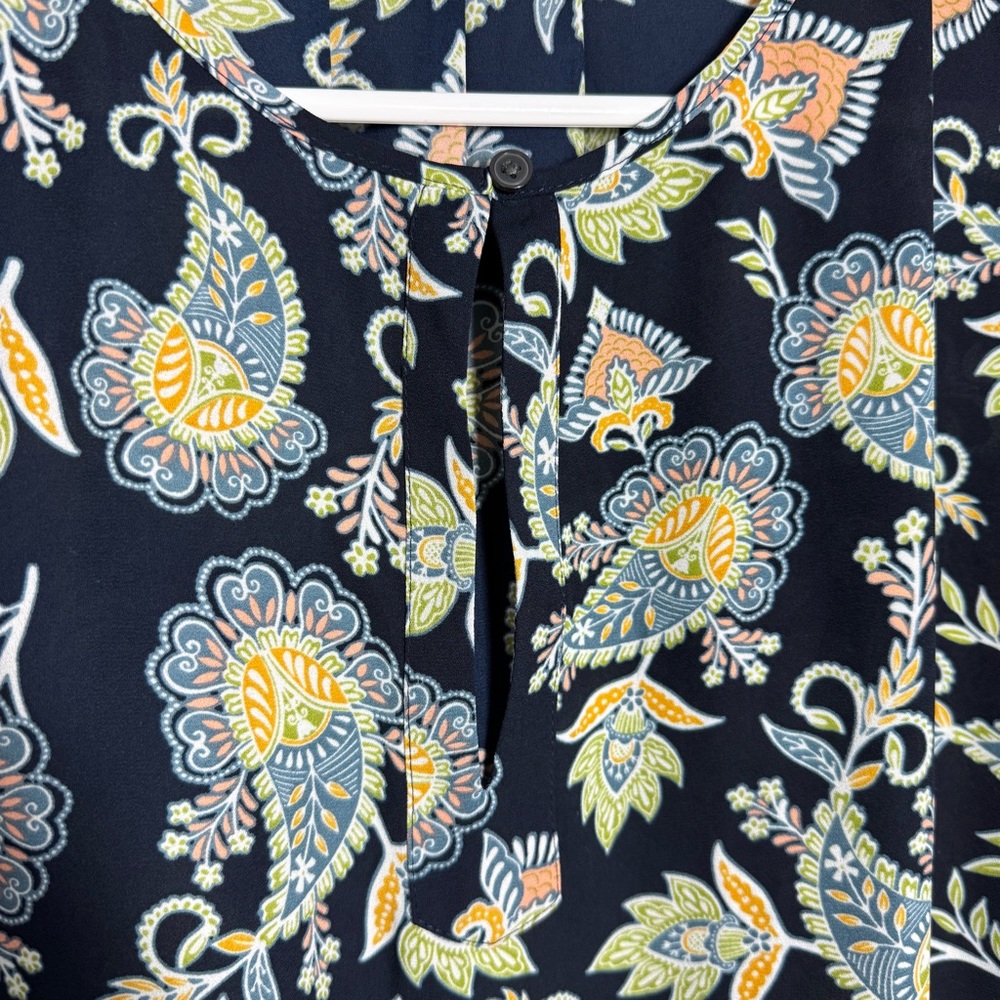 LOFT Blouse Size Small Navy Blue Paisley Bell Sleeve Office Business Casual - Picture 6 of 10